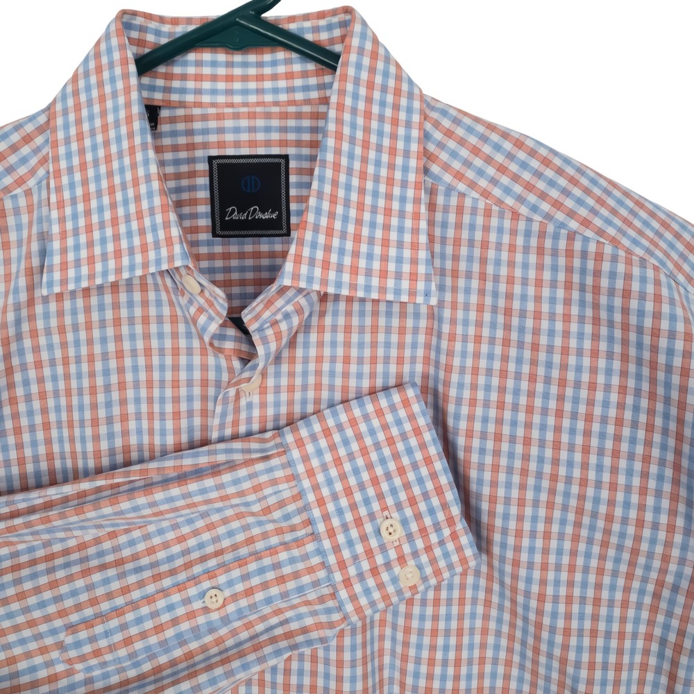 David Donahue Button Up Shirt Mens 16.5 34/35 Blue Orange Check 100% Cotton